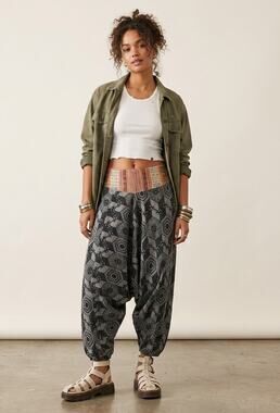 Geometric Slouchy Drop Crotch Harem Pants OS Festival Hippie Yoga Boho Earthy